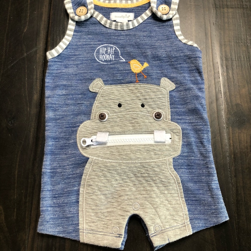 Mudpie Blue Hippo One-piece Romper 0-3 Months